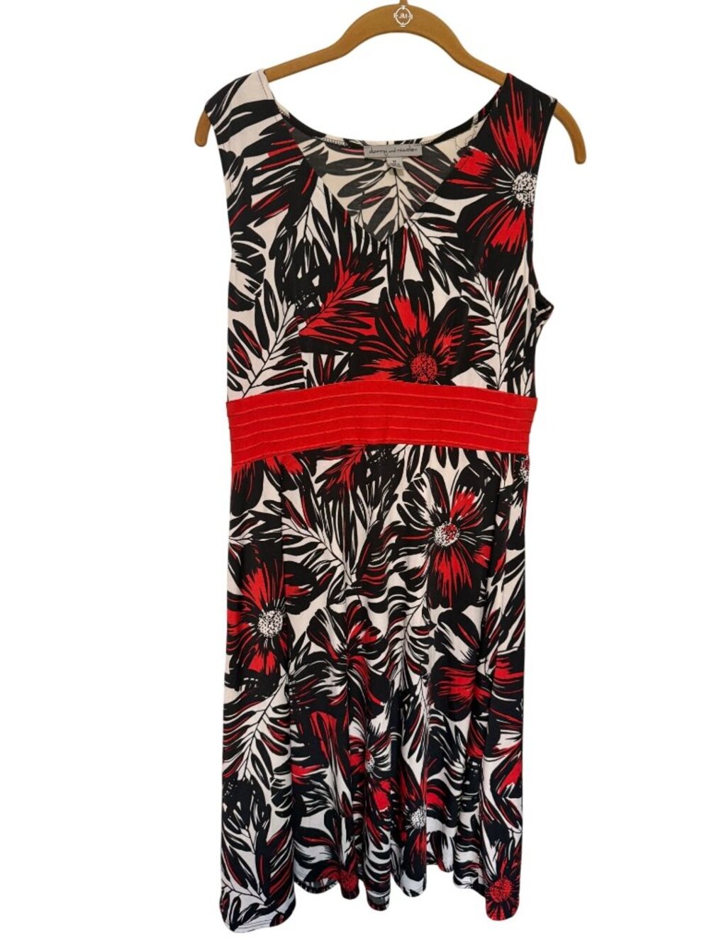 Danny and Nicole Dress White Black Red Floral Red Sash Rayon M